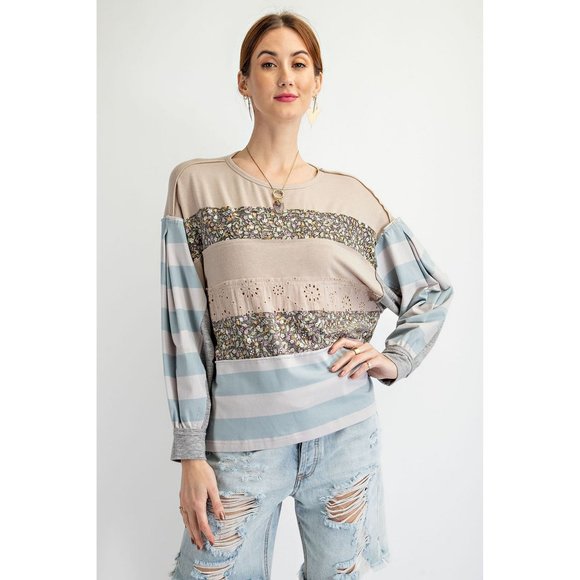 Easel top long sleeve Stripe Floral Print Cotton Oversized easel shirt NEW small - Picture 1 of 5